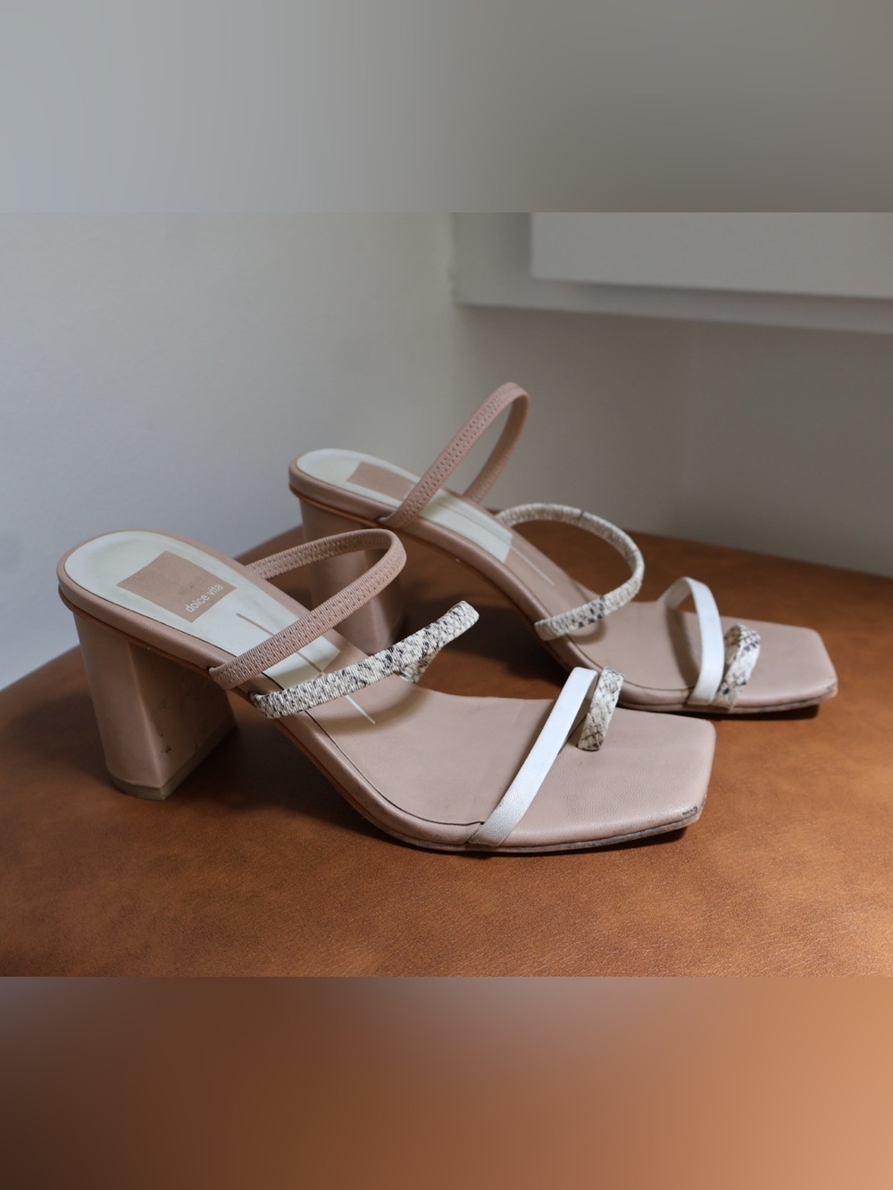 Dolce Vita Neutral Beige, White & Snake Print Strappy Block Heel Sandals 6.5